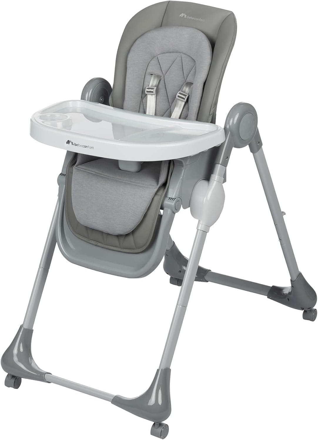 Bebeconfort Olea, Cadeira alta para bebé, 0-3 anos, 0-15 kg, totalmente ajustável, 9 alturas, 3 posições de reclinação, limpeza fácil, 4 rodas giratórias, dobragem compacta, Tinted Grey