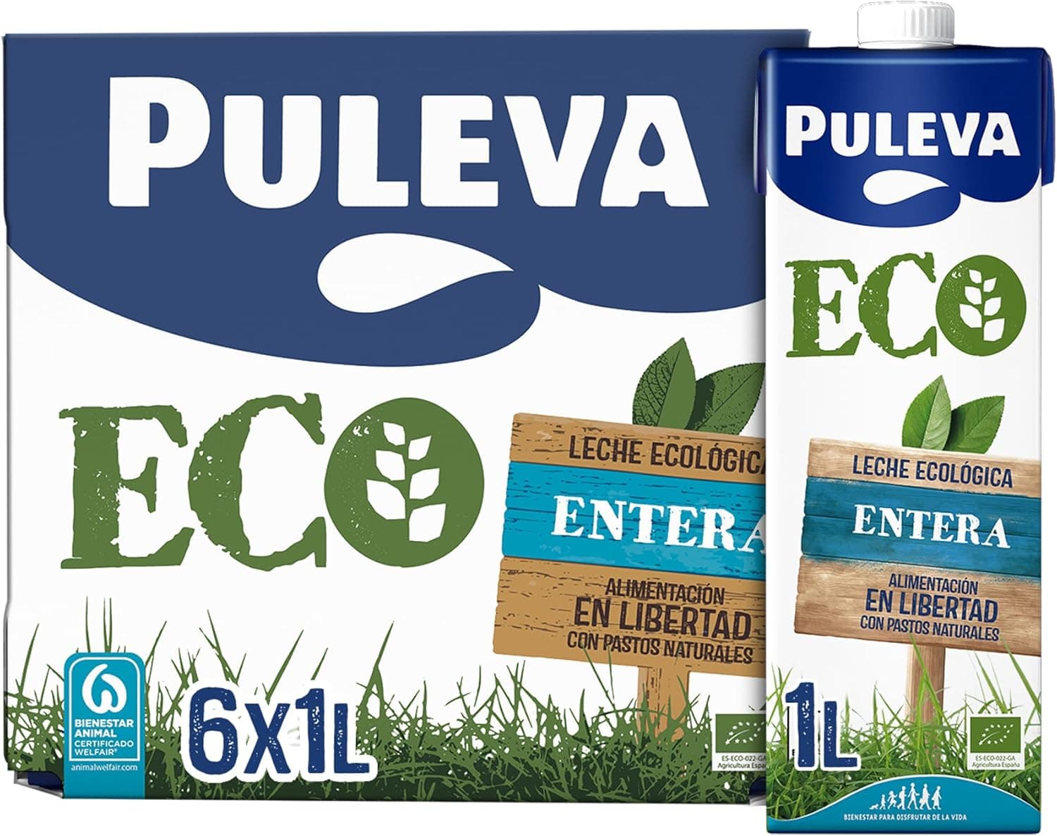 Leite ecológico Puleva ECO Entera brik 1 L, caixa de 6 litros