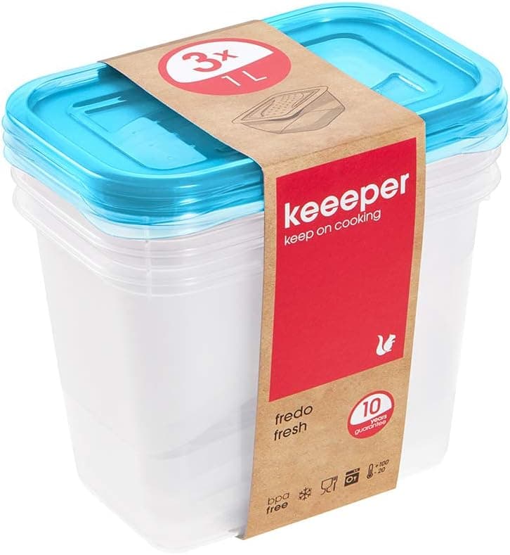 keeeper – Conjunto de 3 caixas herméticas Fredo Fresh, 3 x 1 litro, 15,5 x 10,5 x 11,5 cm, azul transparente