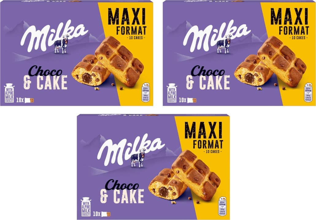 Milka Cake & Choc bolo com pepitas de chocolate com leite dos alpes e enchimento de chocolate formato familiar 350 g x 3