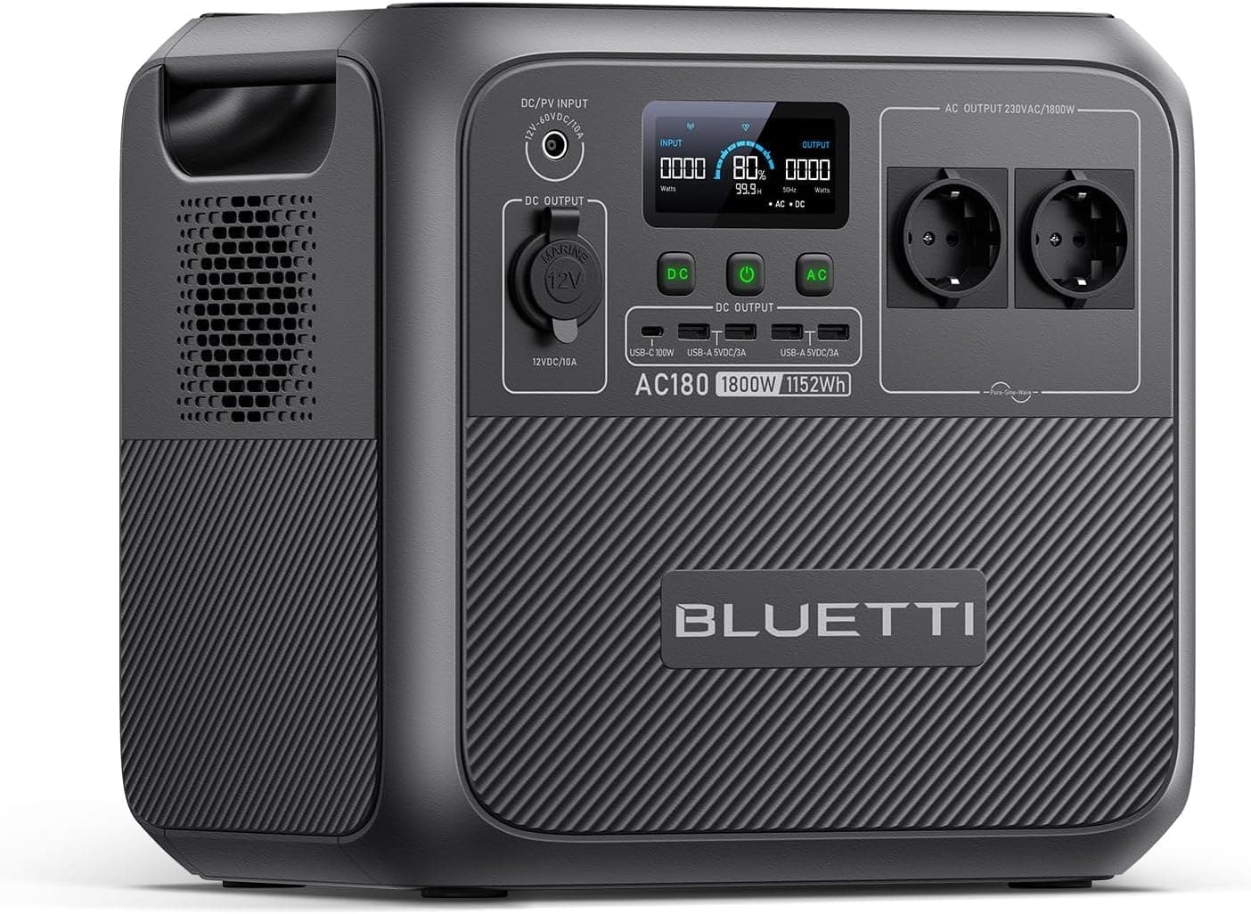 BLUETTI AC180 Gerador solar portátil, 1152 Wh LiFePO4 bateria com 2 saídas CA 1800 W (2700 W pico), 0-80 % em 45 min, estação de energia solar para campismo, viagens, cortes de eletricidade