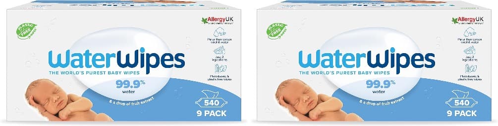 WaterWipes Original Baby Wipes, 540 unidades (embalagem de 9), 99,9% à base de água, sem perfume, para peles sensíveis x2