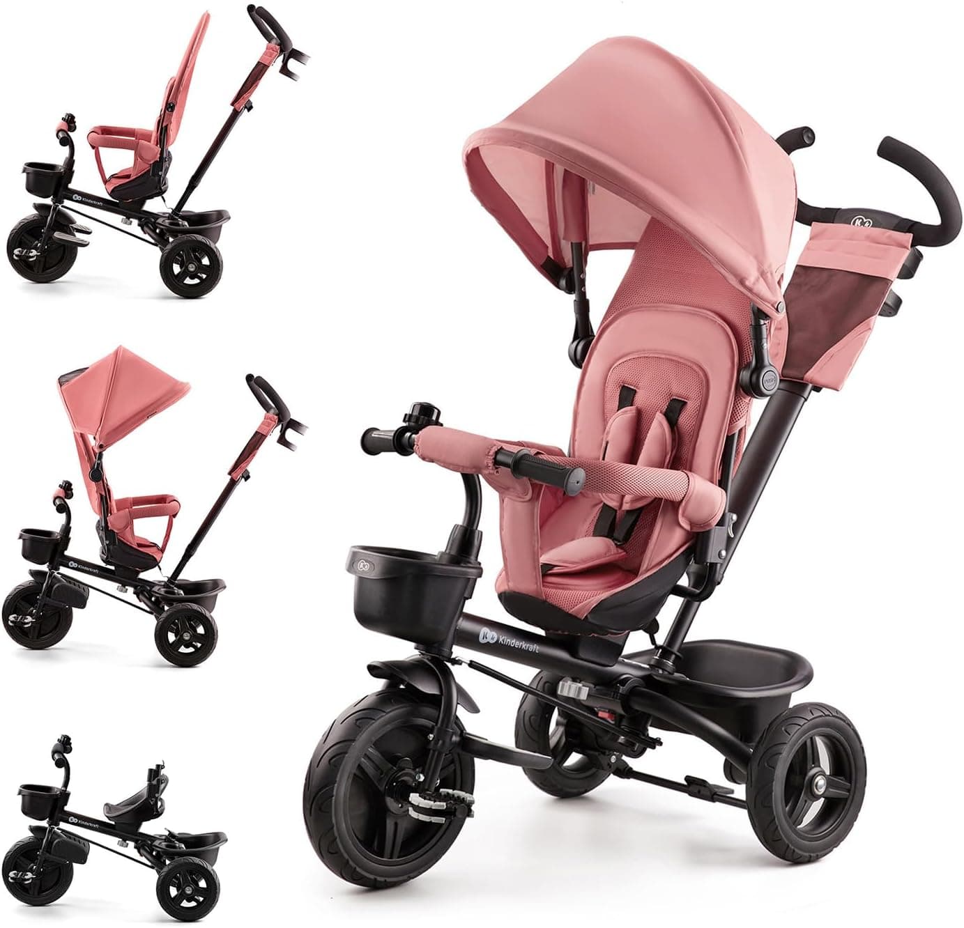 Kinderkraft AVEO Triciclo para bebé, dobrável, trike, bicicleta para crianças, triângulo volutivo, triciclo sem pedais, bicicleta para bebé, com acessórios práticos, duas cestas, 9 meses a 25 kg, rosa
