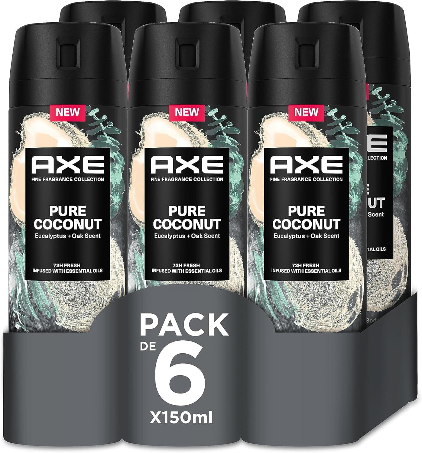 Axe Pack de poupança desodorizante em aerossol para homem, puro coconut fragrância premium, 6 x 150 ml