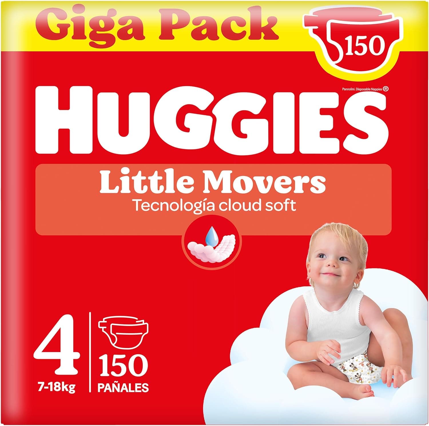 Huggies Little Movers Fraldas para bebé com desenhos Disney tamanho 4 (7-18 kg), conforto para a pele 24/7, 3 pacotes de 50, total de 150 fraldas