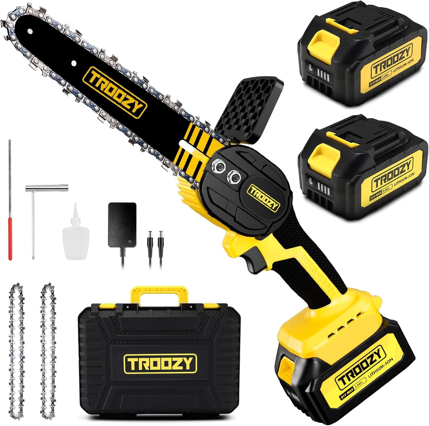 TROOZY Mini serra de mão Brushless, motor elétrico com baterias 6000 mAh até 200 min, mini motosserras de bateria (21 V, 6 polegadas, 2 × 3000 mAh), serra de mão pequena, poda árvores