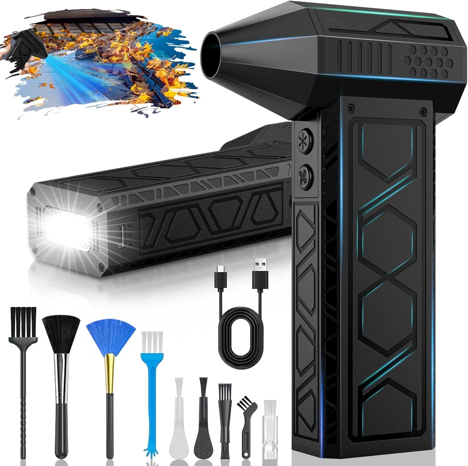 Ventilador de pó elétrico, potente 4 velocidades 180000 RPM, 2025 limpeza de ar comprimido PC com luz auxiliar LED Light/iluminação para computadores, carros, sofás