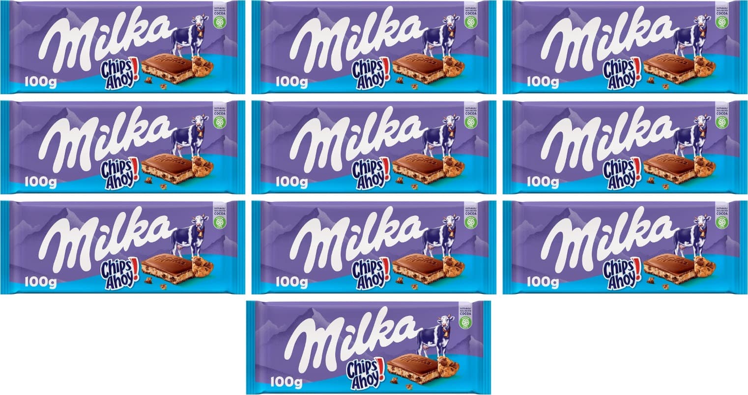 Milka Chips hoje! Tábua de chocolate com leite dos Alpes com pedaços de bolacha Cookie Chips agora! E pétalas de chocolate 100 g