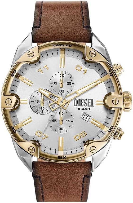Diesel Spiked DZ4665 | Relógio cronógrafo de homem com caixa de 49 mm, mostrador prateado e bracelete em pele castanha