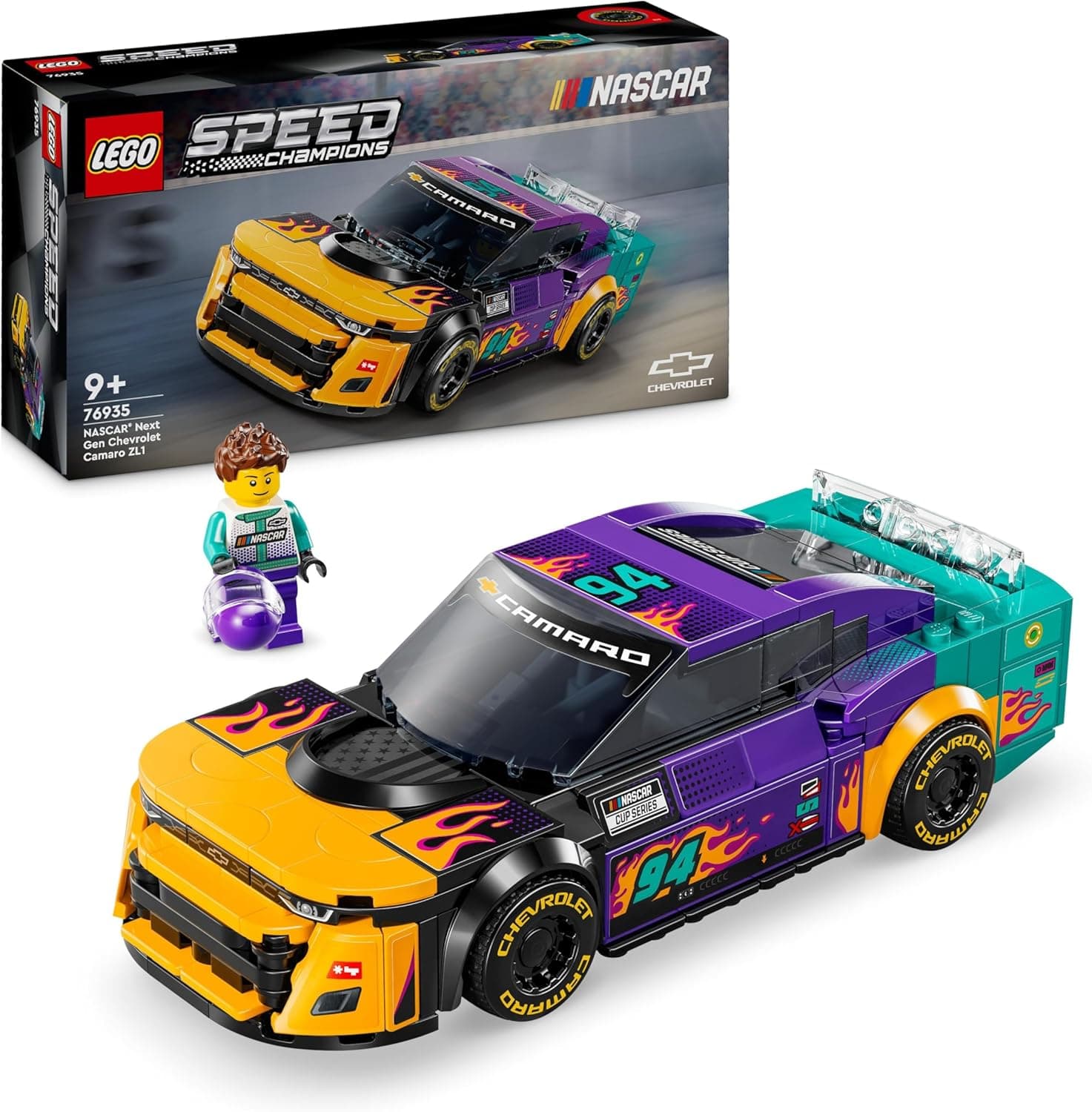 LEGO Speed Champions Nascar Next Gen Chevrolet Camaro ZL1 Maquete de carro de corridas de brinquedo, conjunto com veículo de coleção com minifigura, presente para meninos e meninas de 9 anos ou mais