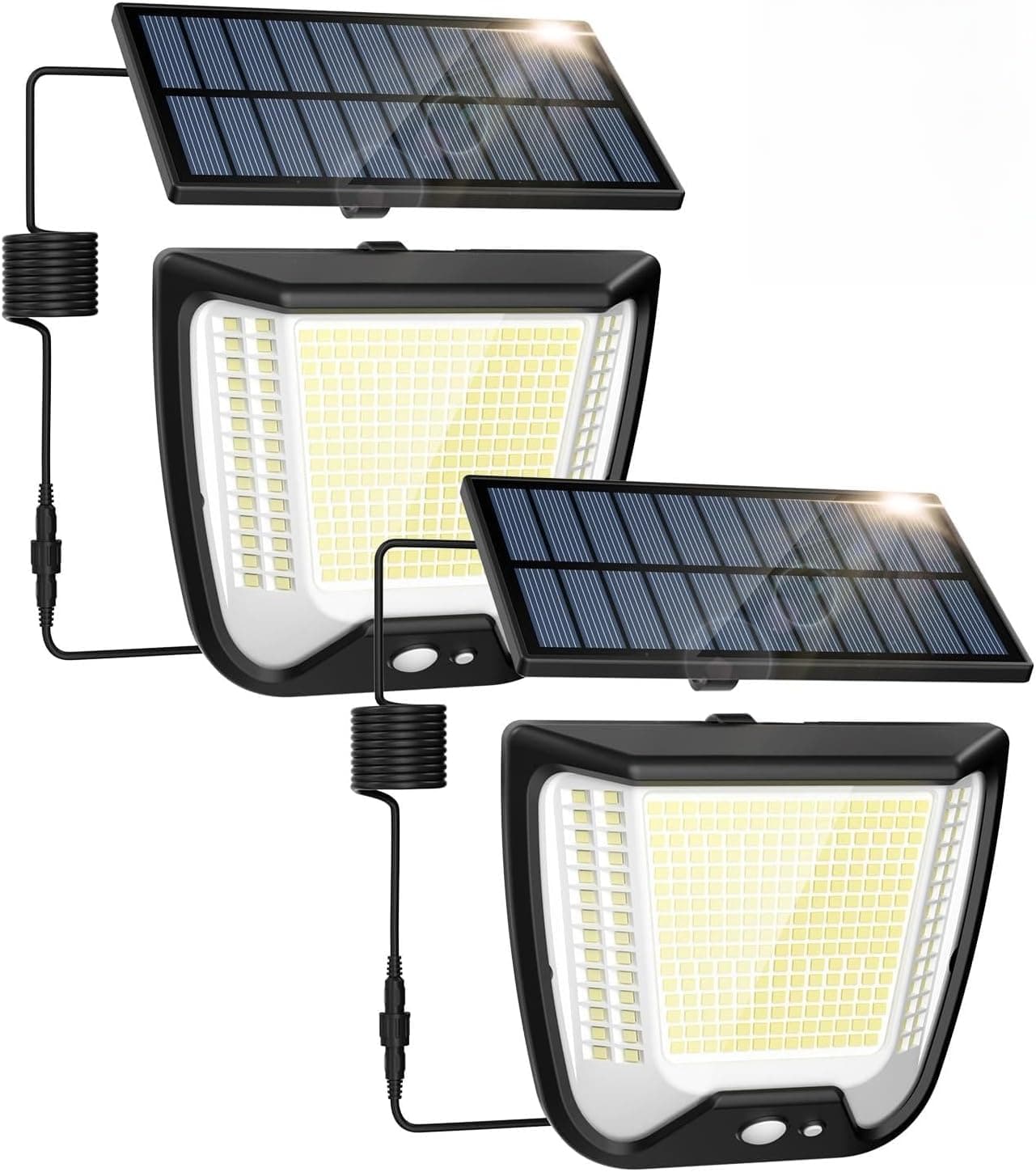Luz solar exterior jardim holofote - 288 LED holofotes iluminação IP65 impermeável luzes solares exteriores com sensor de movimento potente com cabo de extensão 5 m para jardim - 2 unidades
