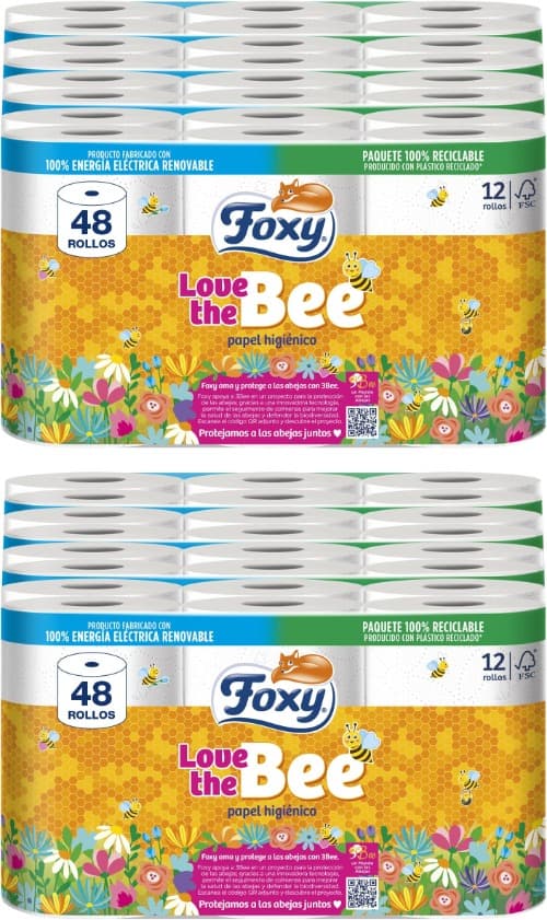 Foxy Love the Bee | Papel higiénico 3 folhas, 48 rolos x 2