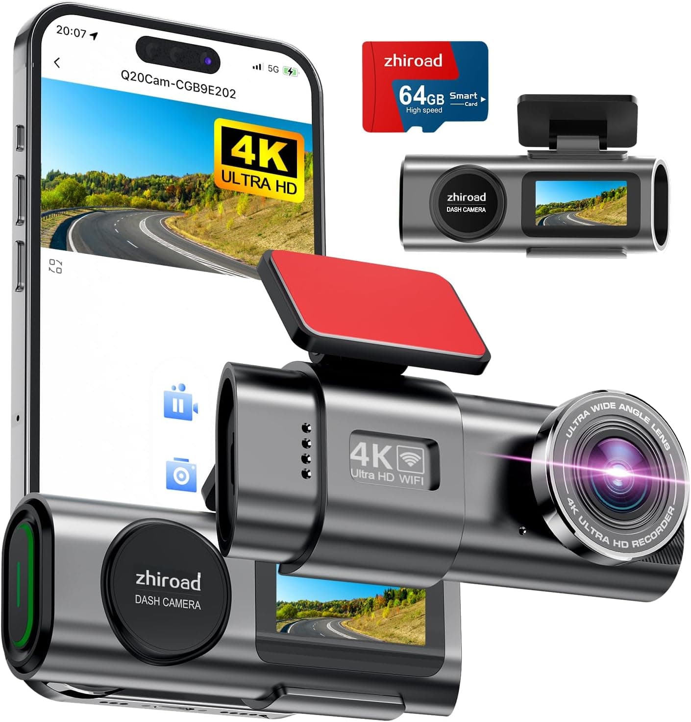 Dash CAM carro, 4K Dashcam com cartão 64G, câmara de vigilância carro removível, câmara gravador de carro, super visão, Wi-Fi e App, grande 170°, G-Sensores