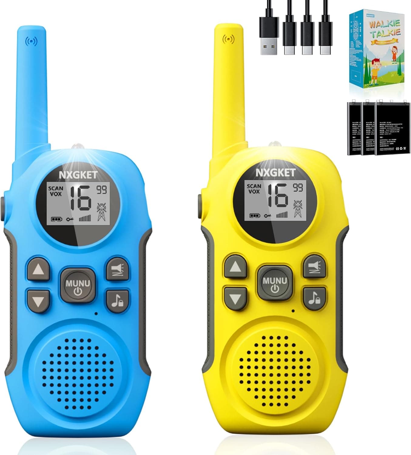 Walkie Talkie para crianças recarregável, 2 peças NXGKET Walki Talki Longo alcance bateria Li-Ion, presente de brinquedos ao ar livre para crianças dos 3 aos 12 anos, 16 canais LCD ecrã VOX para