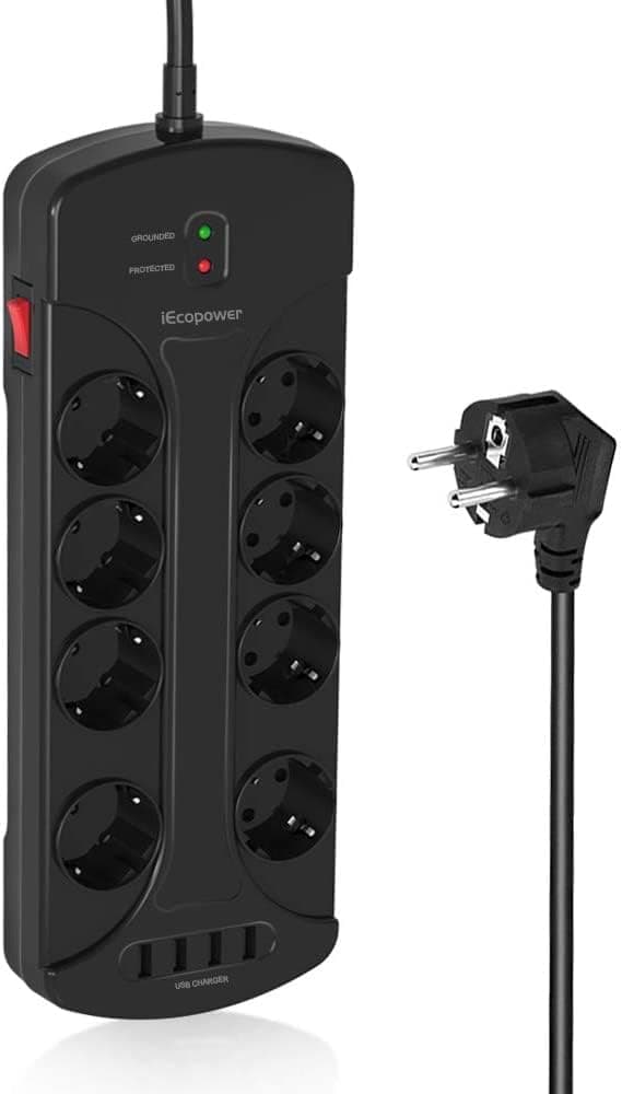 iEcopower Extensão de 8 tomadas com proteção contra surtos com 4 portas USB, 3680 W/16 A, 1050 joules, montagem na parede, proteção contra picos de tensão com cabo extensor de 1,5 m, cor