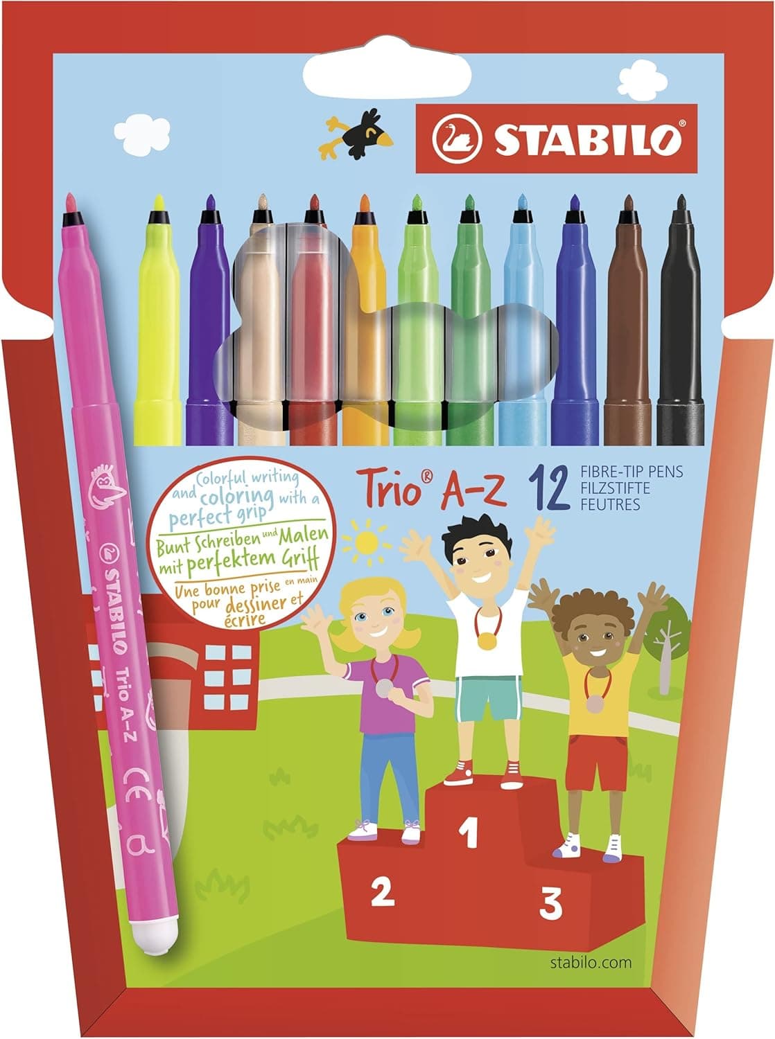 STABILO Trio A-Z | Caixa com 12 marcadores de cores sortidas para escrita e desenho