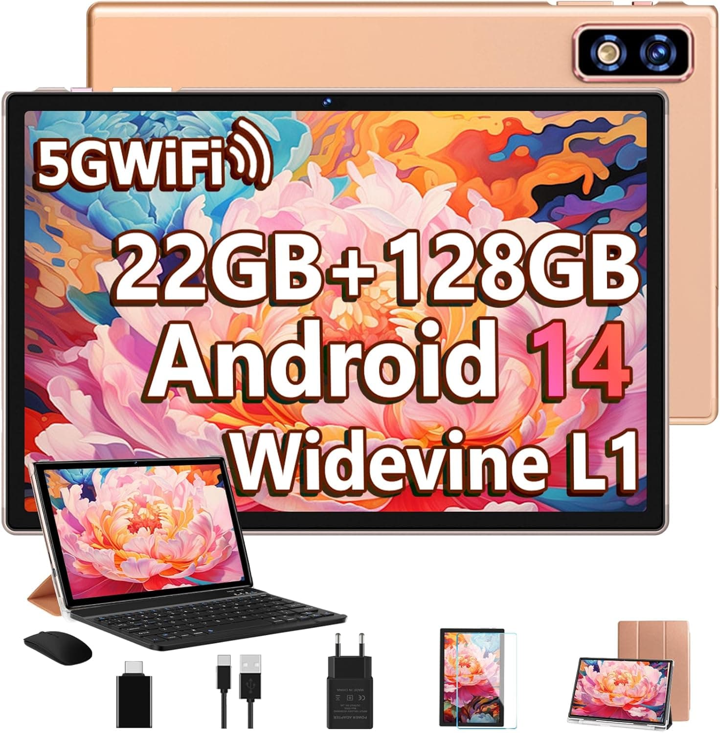 2025 Newest Android 14 Tablet de 10 polegadas, 22 GB RAM+128 GB ROM/TF 2TB, GPS, 5G+2,4 G WiFi, Octa-Core 2,0 GHz, 8000 mAh | corpo metálico | Widevine L1 | GMS Tablet 2 em 1 com teclado, capa e rato