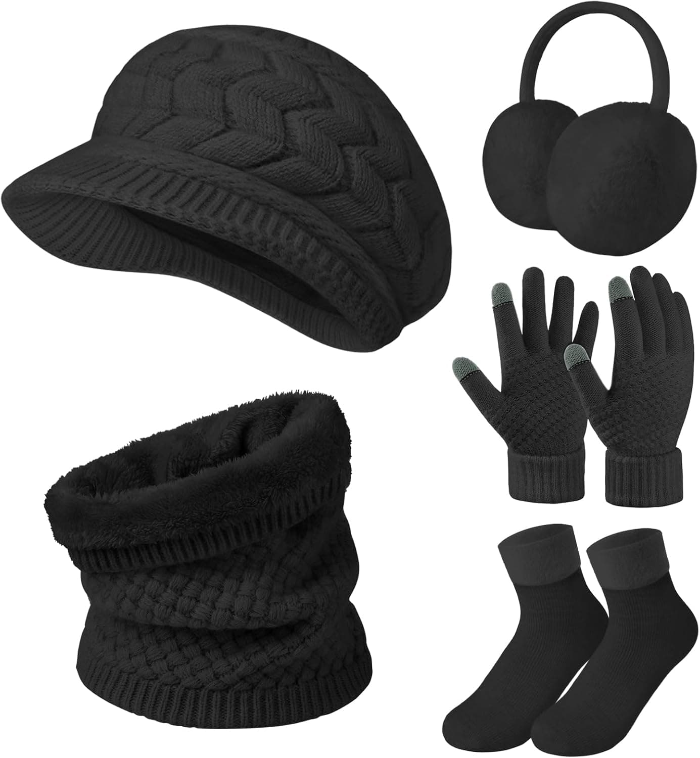 Niwicee conjunto de inverno para mulher - gorro, cachecol e luvas de malha para ecrã tátil, aquecedores de orelhas e meias suaves, presente de inverno para mulher