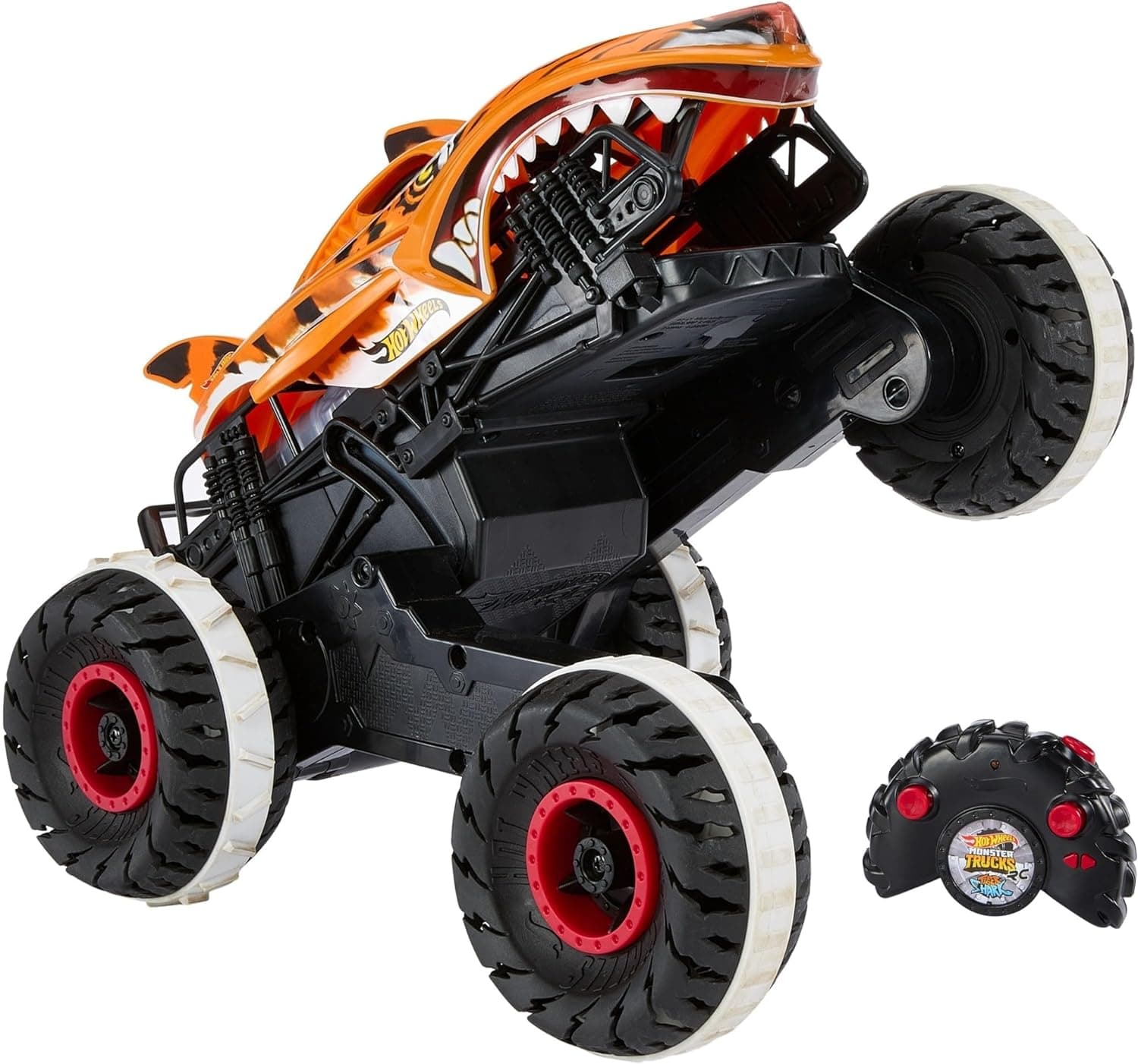 Hot Wheels Monster Trucks Carro de brinquedo rádio controlo telecomandado Tiger Shark Unstoppable, veículo todo-o-terreno, 3 anos (Mattel HGV87)