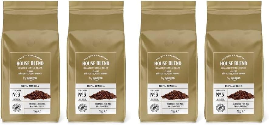 by Amazon 100 % arábica café em grão natural clássico, torra média, puro arábica, certificado Rainforest Alliance, 1 kg (embalagem de 4)
