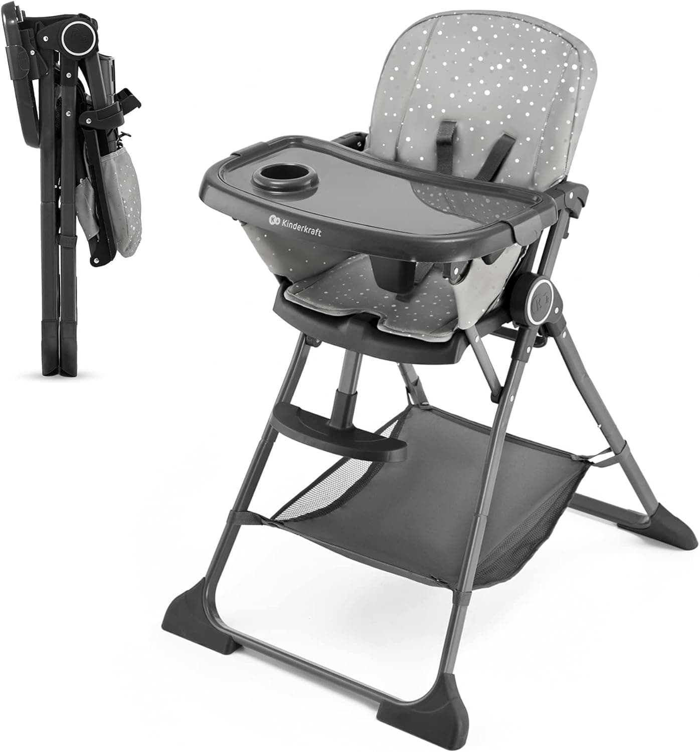 Kinderkraft FOLDEE Cadeira alta para bebé, ergonómica, confortável, reclinável, dobrável, apoio para os pés ajustável, bandeja dupla removível, para crianças, de 6 meses a 3 anos, cinzento