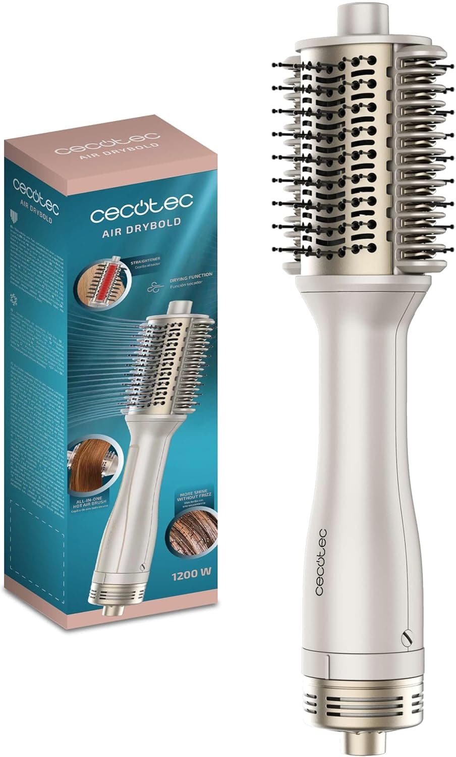 Cecotec Air Brush Heating Plates Air DryBold | Escova de ar quente 1200 W para secar, alisar e modelar cabelo seco ou molhado com gerador de iões e 3 modos