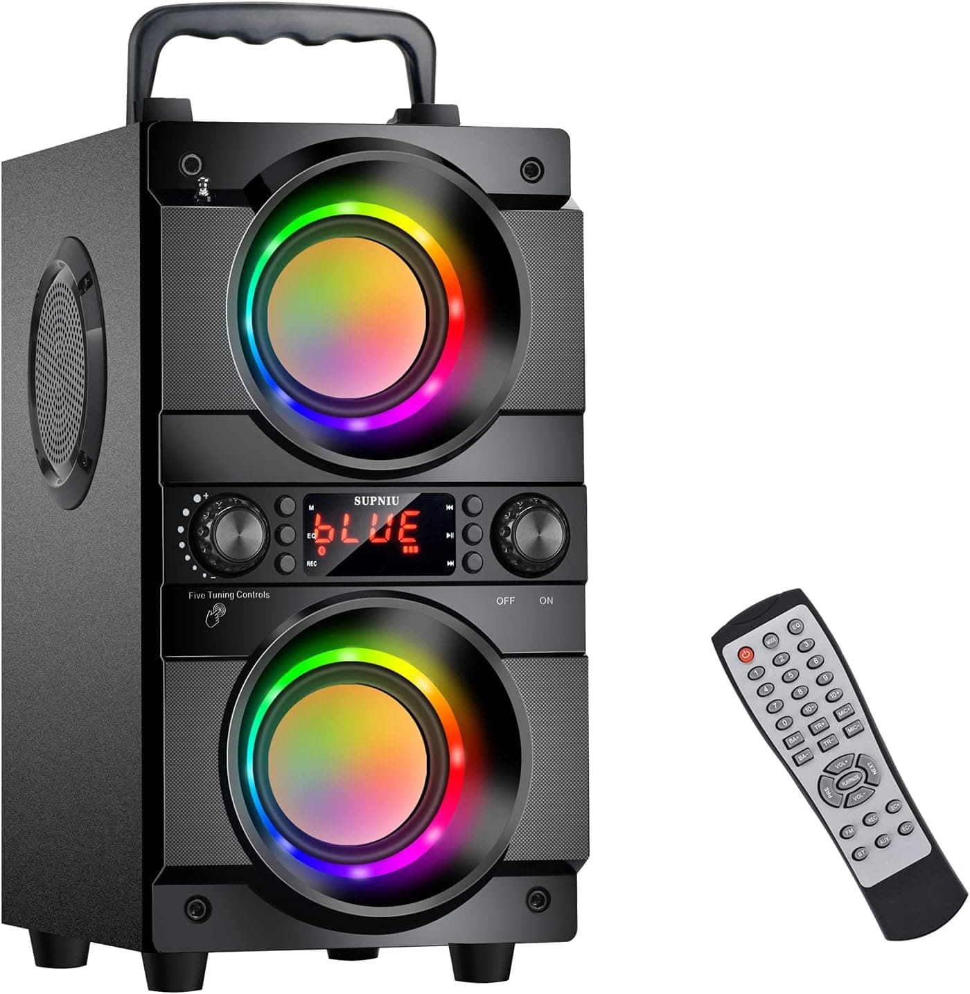 SUPNIU Altifalante Bluetooth 5.0 de 100 pés, potente 60 W (80 W de pico) com subwoofer duplo e baixo potente, altifalante de exterior sem fios / luzes Lolorate LED/HD estéreo, para casa, festa, viagem