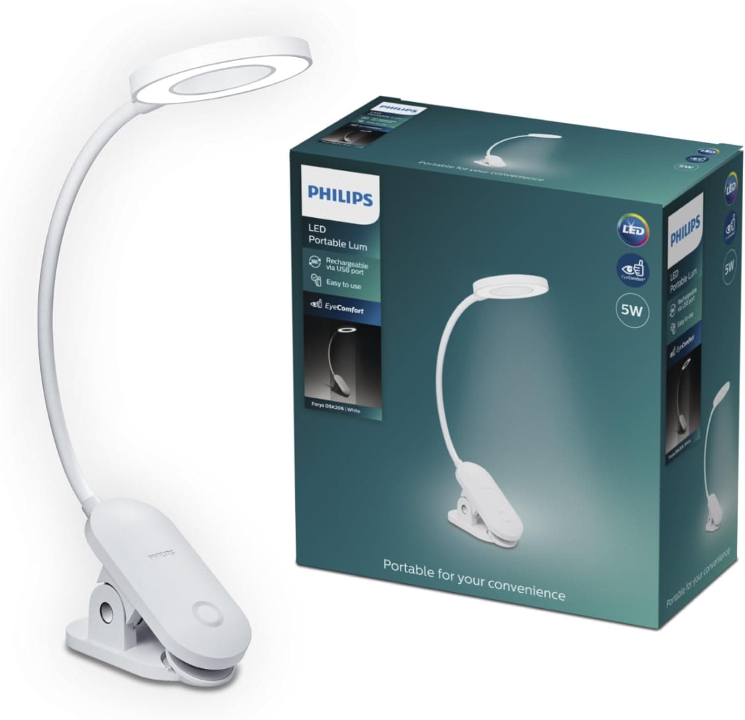PHILIPS Forys Clip - Candeeiro de mesa portátil (5 W, luz branca fria, inclui bateria)