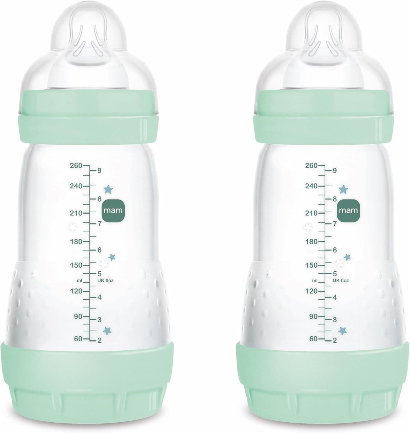 MAM Easy Start Anti-Colic | Pack de 2 biberões autoesterilizáveis de 260 ml para bebés, com tetina de fluxo médio, azul brilhante