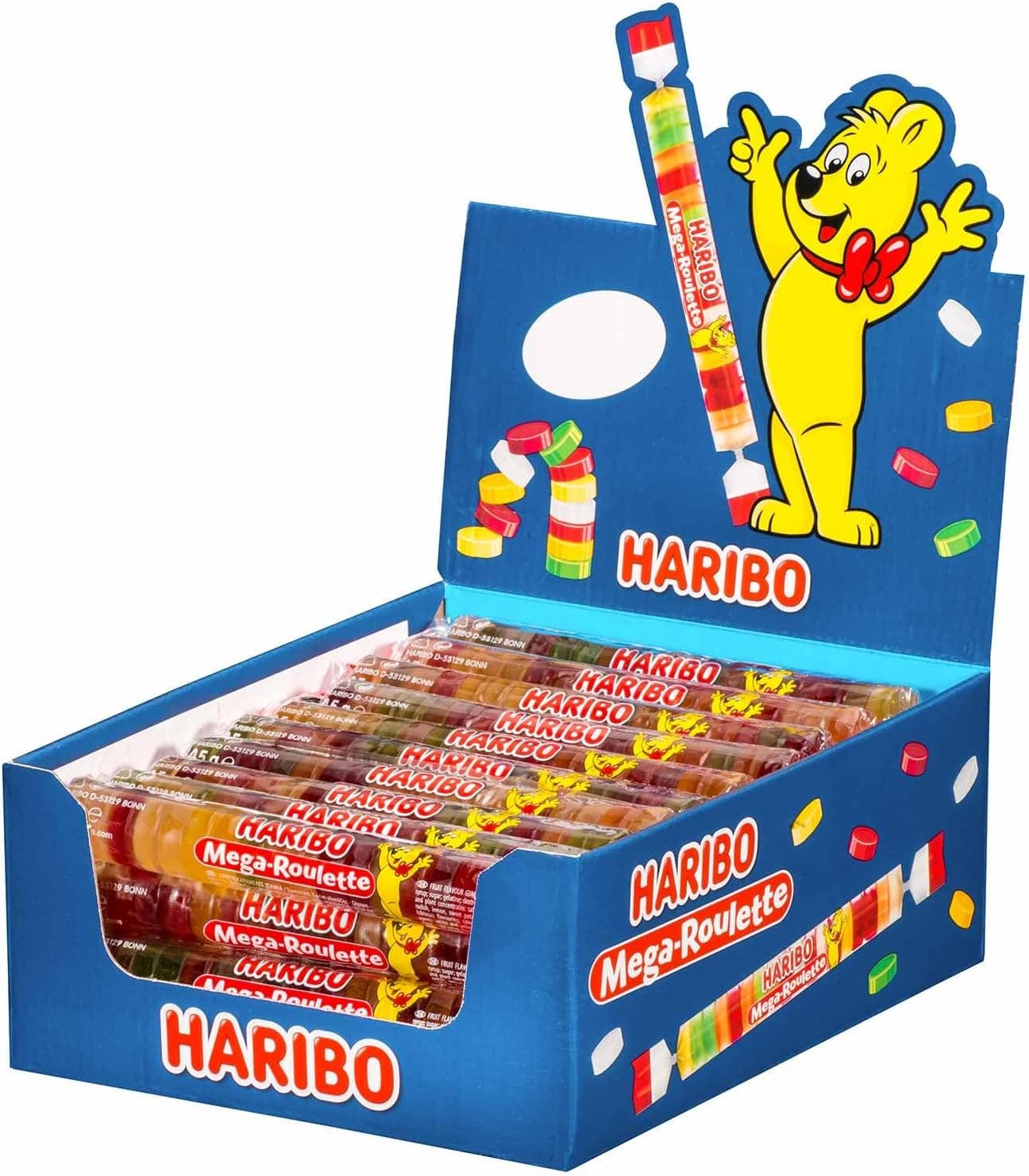 Haribo Mega-Roulette, ursinhos de borracha, gomas de fruta, 40 rolos de 45 g (1,8 kg)