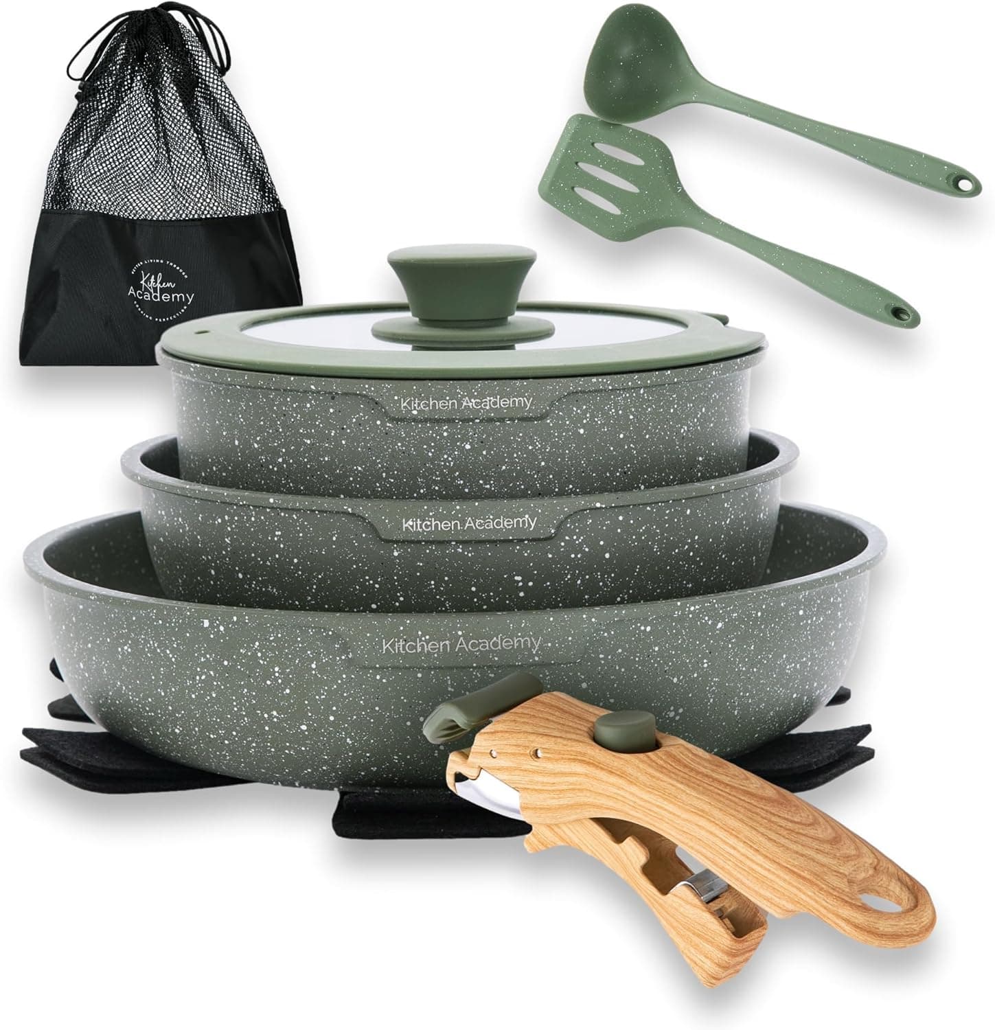 Kitchen Academy - Conjunto de panelas (10 peças, com tampa de vidro, revestimento de mármore, revestimento antiaderente, adequado para indução, cabo de vidro de grão), cor verde