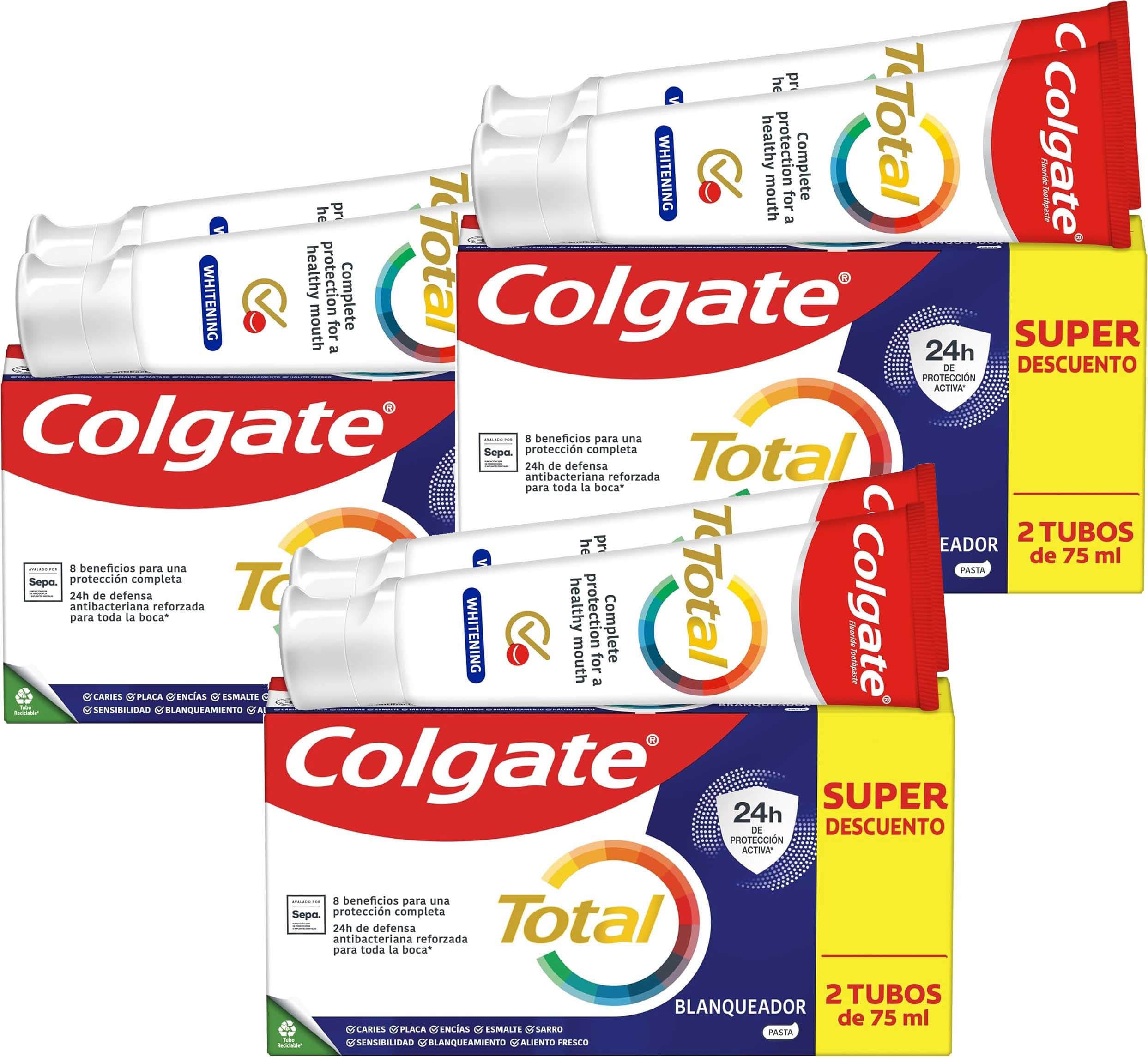 COLGATE Total branqueador pasta de dentes branqueadora, 2 unidades x 75 ml, branqueador dentífrico com 24H de defesa antibacteriana reforçada para a boca, tecnologia antibacteriana de zinco duplo (6 unid)