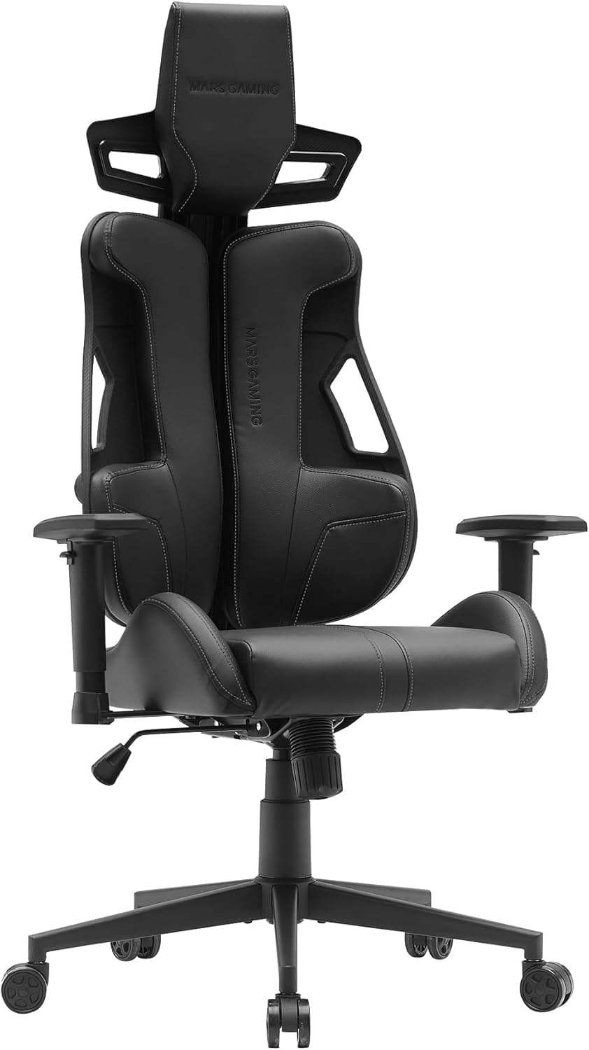 Mars Gaming MGC-ELITE, cadeira de jogos ergonómica, encosto flexível adaptativo, apoio de braços ajustáveis 2D, assento reclinável, acabamento em couro PU, cadeira escritório com rodas XL, pistão gás