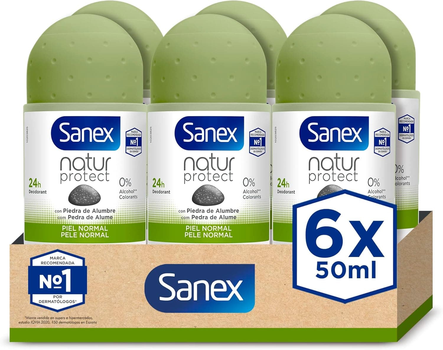 Sanex Natur Protect Desodorante Roll-On, proteção 24H contra o mau odor, com pedra de alúmre, 0% álcool, sem alérgenos ou cores, pele normal, pack 6 unidades x 50 ml