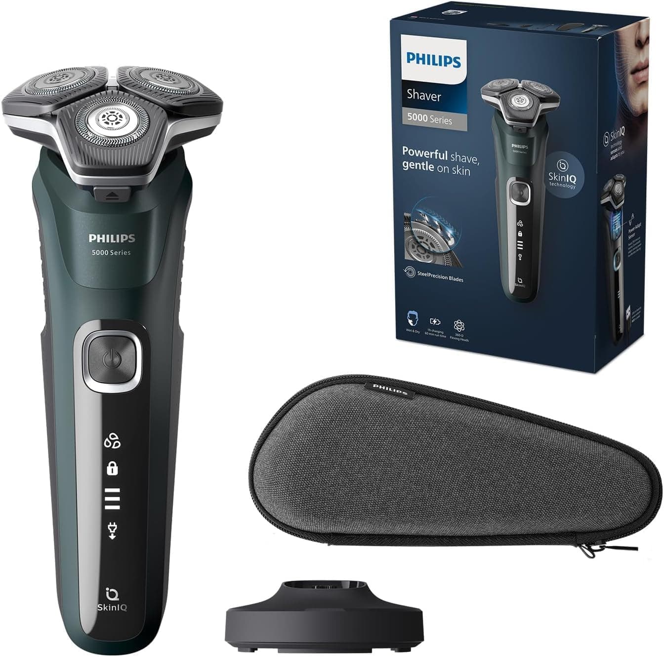Philips Série 5000 máquina de barbear elétrica para homem, máquina de barbear com aparador, 45 lâminas, cuidado da pele, 60 min de uso, seco e húmido, recarregável, capa, base de carregamento,
