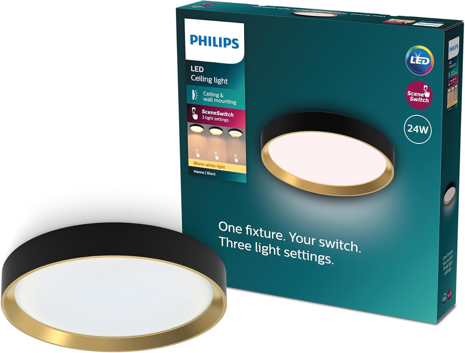 Philips Hanno Plafond Teto com SceneSwitch, redondo, 24 W, 2700 Lm, 2700 K, preto, IP20