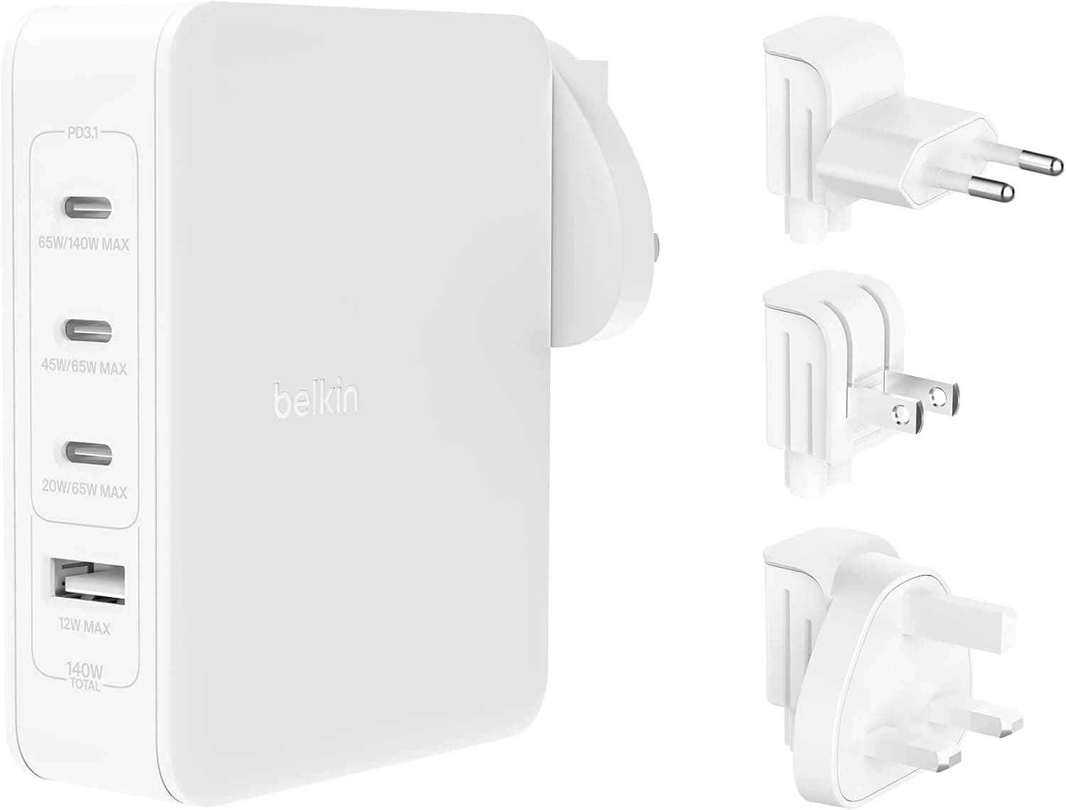 Belkin GaN 4-Port 140W | Carregador de parede rápido com 3 portas USB-C Power Delivery e 1 USB-A para smartphone, tablet e portátil