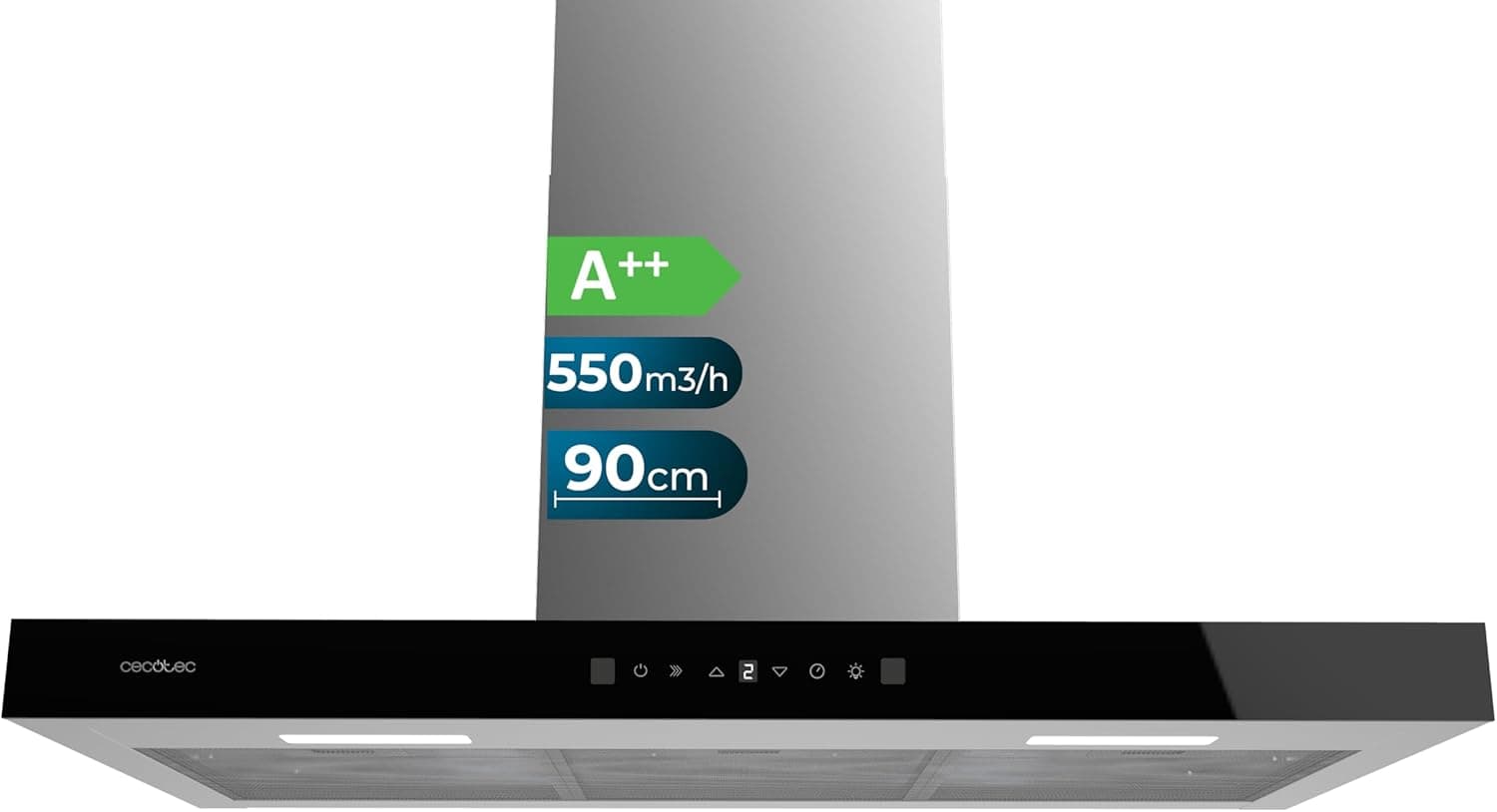 Cecotec Sino extrator de 90 cm tipo T bolero Flux TT 905500 Glass Black A++. 70 W, Frental vidro preto, baixo consumo, sucção 550 m3/h, controlo tátil, 3 níveis, Booster, luz LED, filtro de carbono