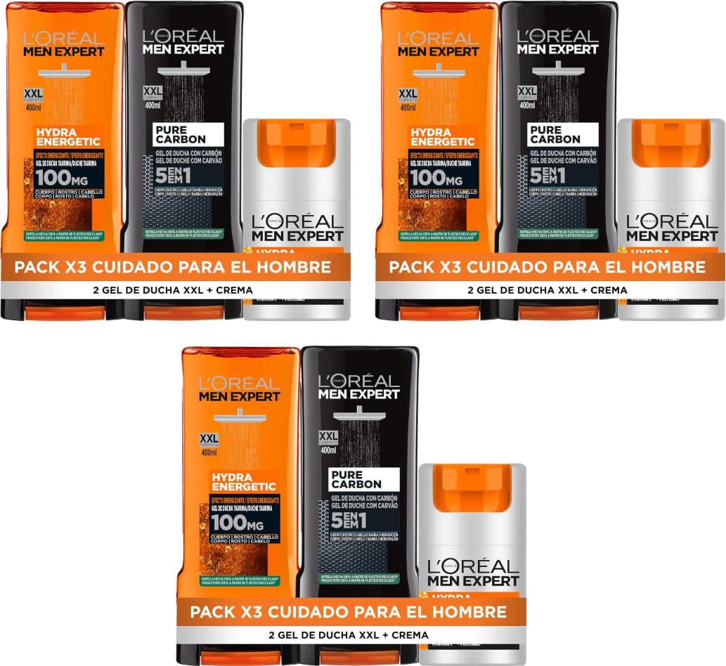 L'Oreal Paris Men Expert Pack de rotina para homem com creme hidratante anti-fadiga 24h Hydra Energetic, gel de duche Hydra Energetic, gel de duche puro carbono multiação 5 em 1