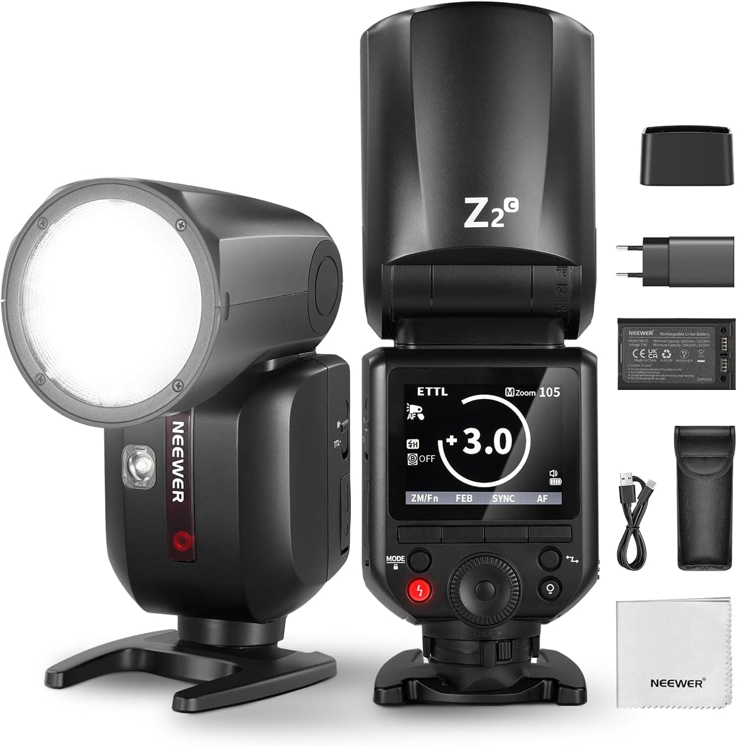NEEWER Z2-C 2,4 G TTL Flash Speedlite cabeça redonda compatível com Canon, Speedlight 76 Ws com UI melhorada, lâmpadas de modelo, interruptor TTL/M Quick Tcm, 1/8000s HSS, bateria 2600 mAh, pano Largo