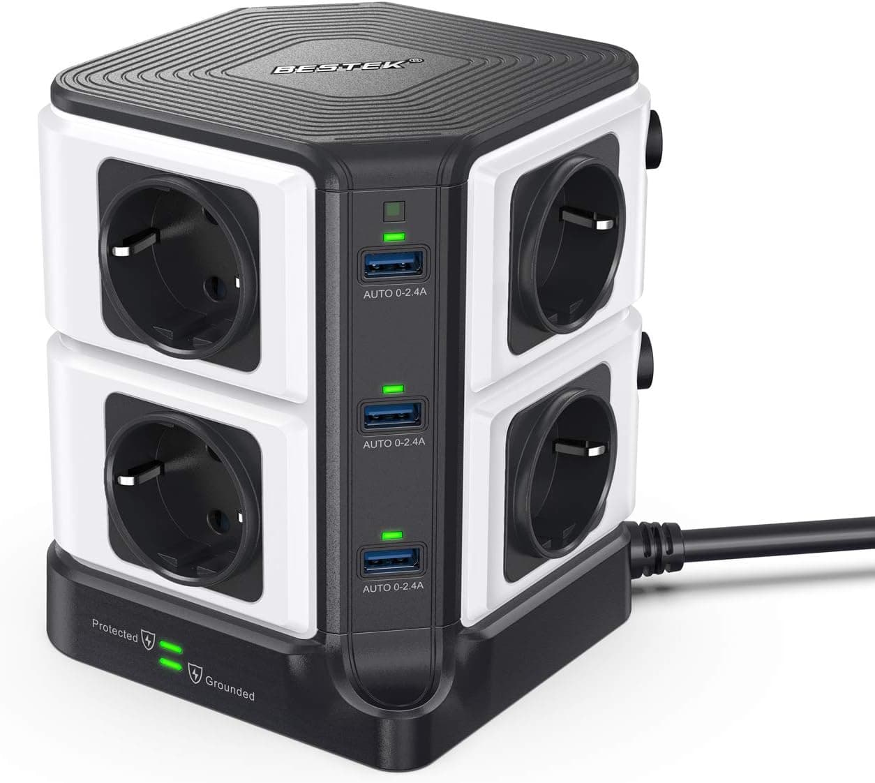 BESTEK Extensão vertical, tomada de torre de 8 entradas e 6 portas USB, tomada com proteção contra picos de tensão e interruptor, torre de ladrão alargador, 1500 J, proteção emergente, 3600 W/16 A
