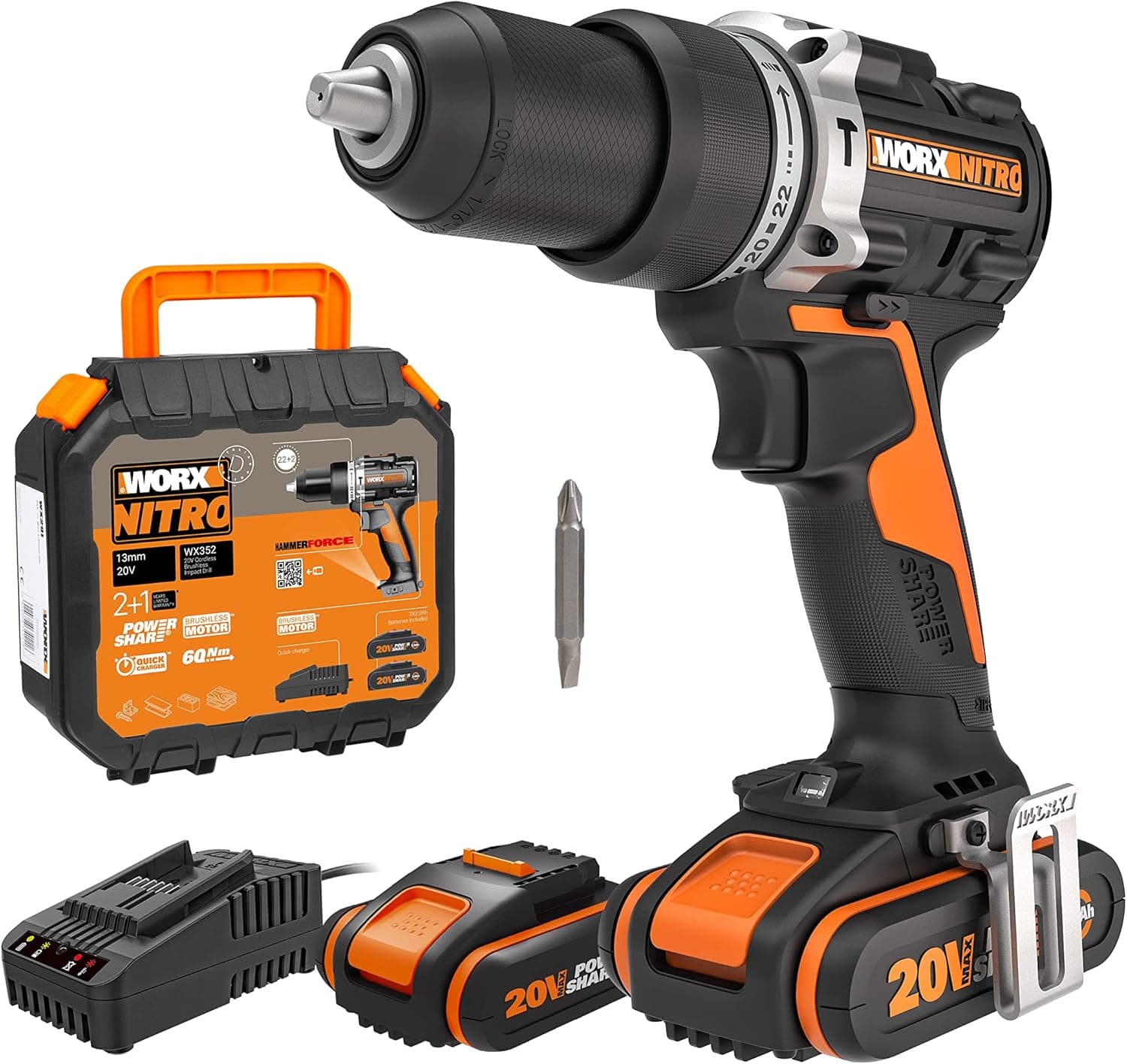 WORX Broca Percutor a bateria máxima de 20 V | WX352 | Motor sem escovas, Power Share, 2 baterias de 2 Ah, carregador e pasta, porta-chaves metálico, caixa de engrenagens metálicas