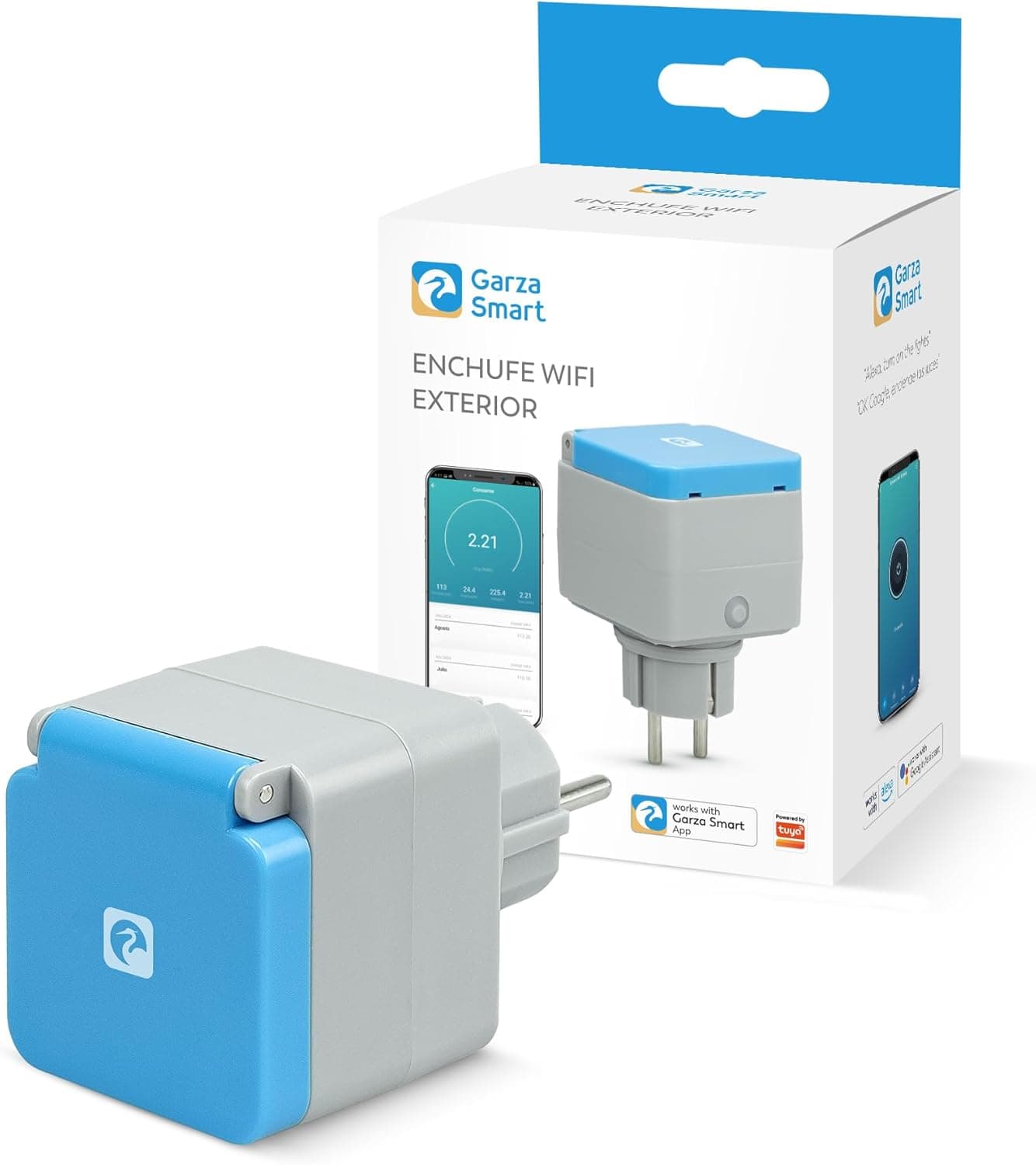 Garza - Tomada exterior WiFi, IP44 resistente à água, controlo por voz Alexa e Google, medidor de consumo, temporizador, 3680W, app móvel, dupla banda 2,4/5 GHz, Bluetooth, 3 anos de garantia