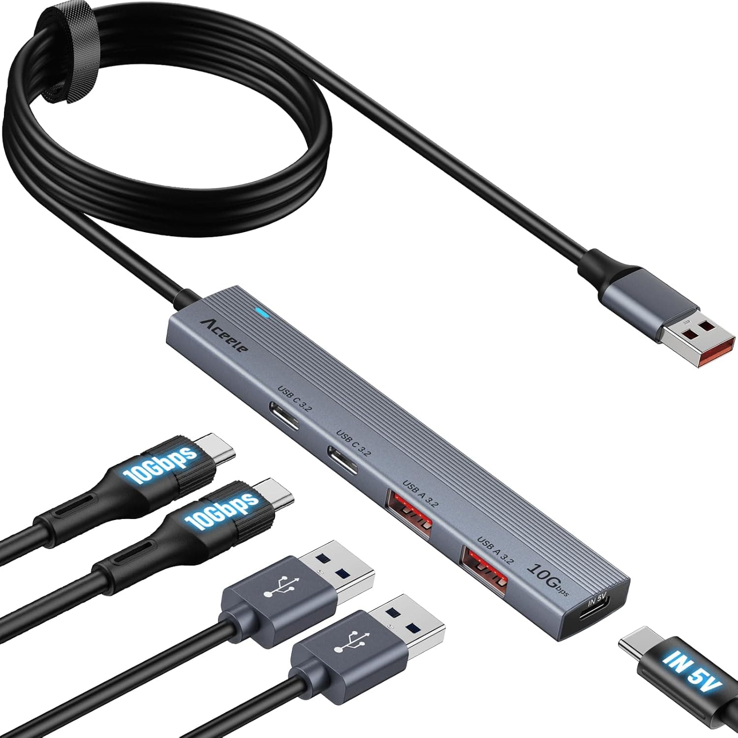 Aceele Hub USB de 3,2 gerações 2 com 2 portas USB C, 2 portas USB A e porta USB C carregamento, USB Hub 3.2 com cabo de 120 cm, compatível com computador, Xbox e Mac etc