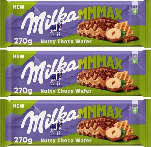 Milka MMMAX Nutty Choco Wafer tablet grande de chocolate com leite dos alpes com bolo, enchimento de creme de avelã e pedaços de avelã, 270 g x 3