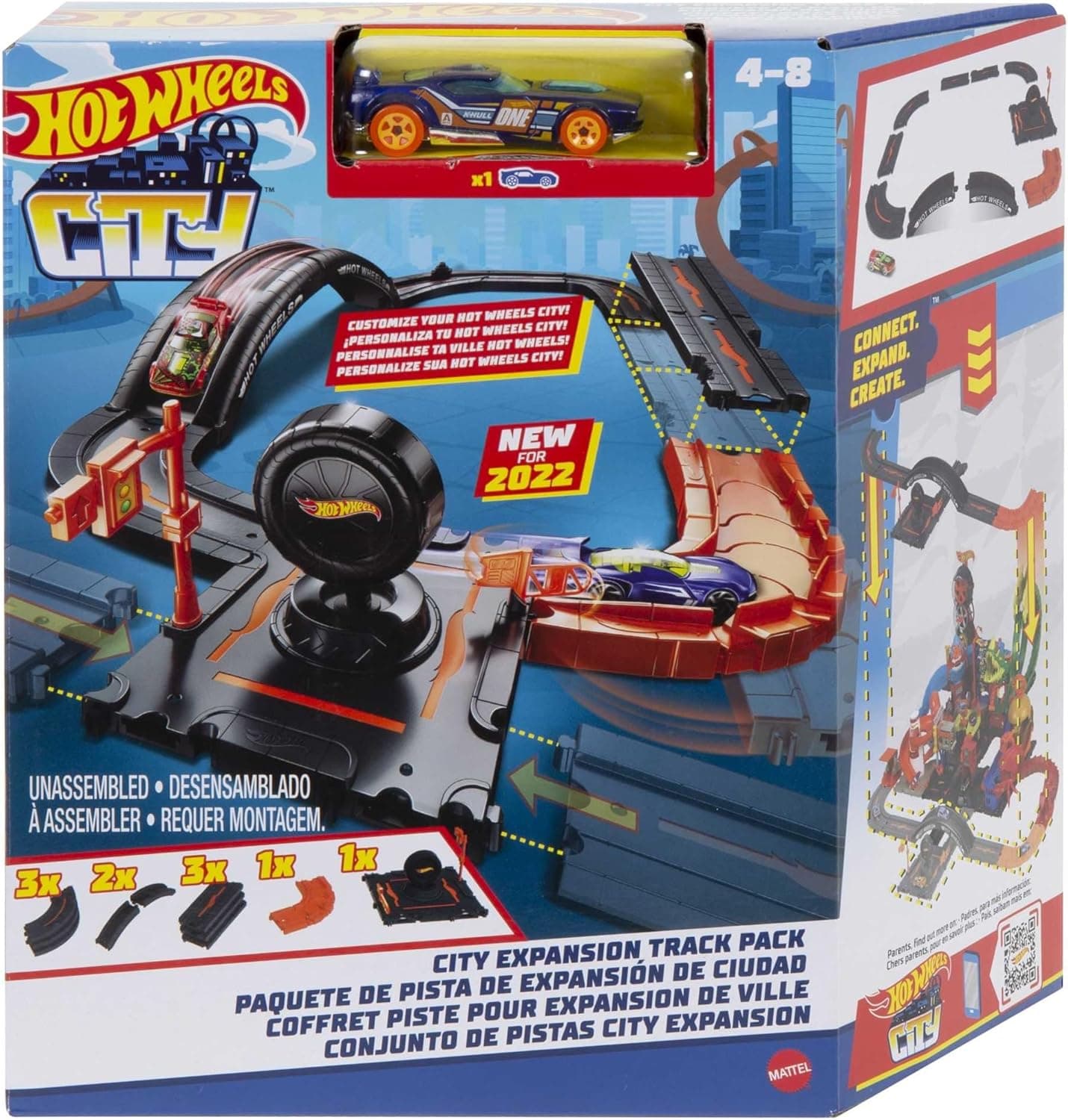 Hot Wheels City, conjunto de 10 peças que inclui base de pista e várias peças de trilha para construir uma paisagem urbana, com 1 carro, conecte-se a outros conjuntos, HDN95