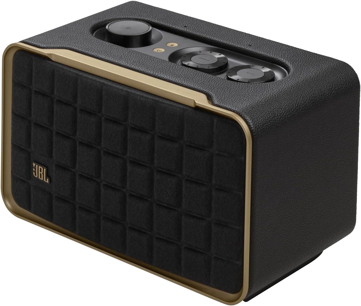 JBL Authentics 200, altifalante inteligente com tecnologia Bluetooth, design retro, com grade cinza, Wi-Fi integrado, Google Assistant, Amazon Alexa, AirPlay, JBL One App, preto, tomada UE (tipo C)
