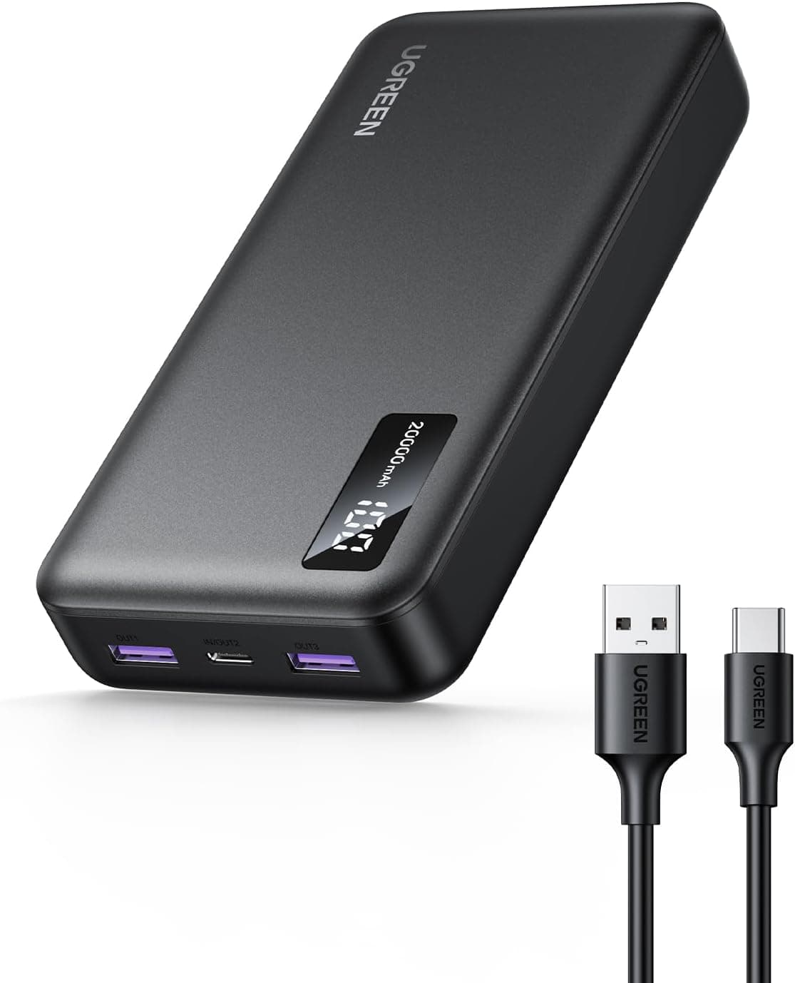 UGREEN Power Bank 20000mAh | Carregador portátil com cabo USB-C, 22,5 W e visor LED