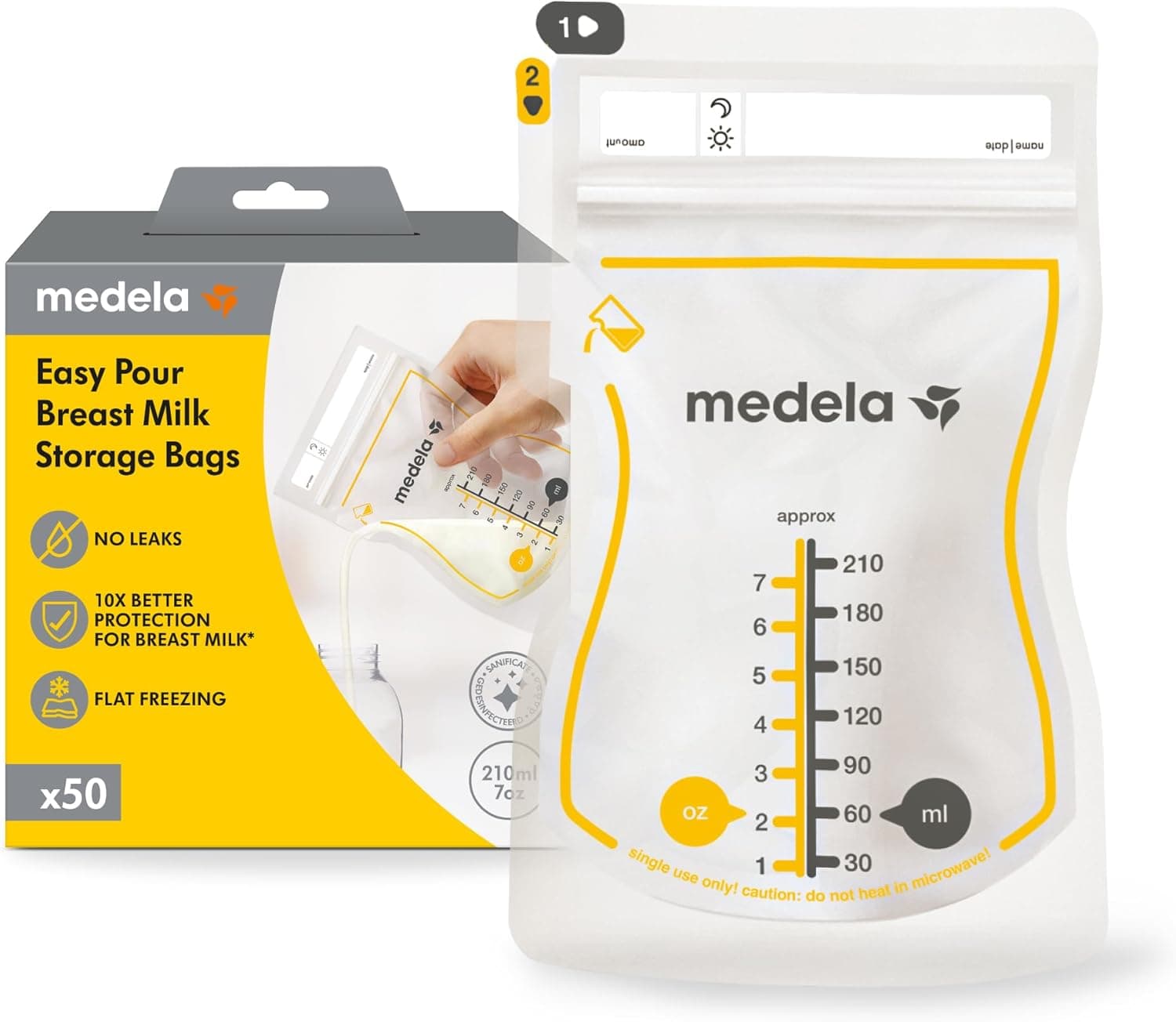Medela Sacos de armazenamento de leite materno Easy Pour, sacos descartáveis de 210 ml, à prova de fugas, protegem os nutrientes do leite, sem BPA, embalagem de 50 sacos