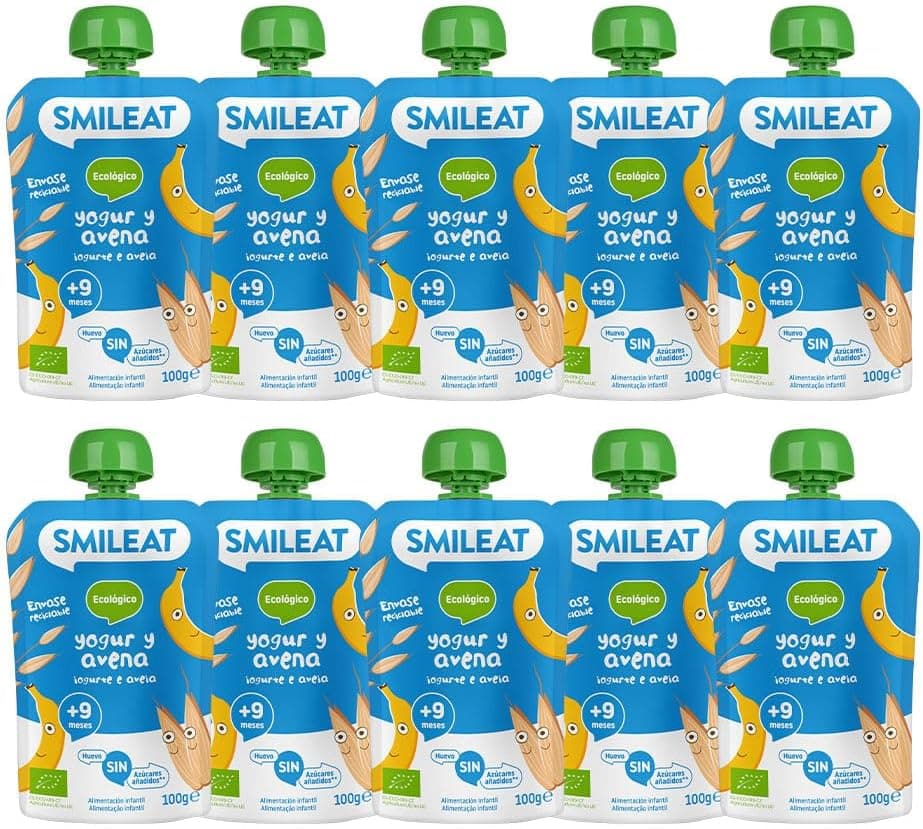Smileat Pouch de fruta ecológica para crianças, com sabor de iogurte e aveia, sem leite, sem açúcares e sem glúten, puré de frutas infantis, para bebés a partir de 9 meses, pack 10 x 100 g | 1000 g